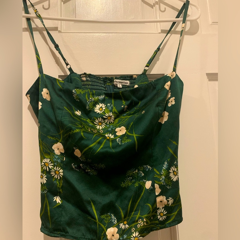 Green silk reformation crop top